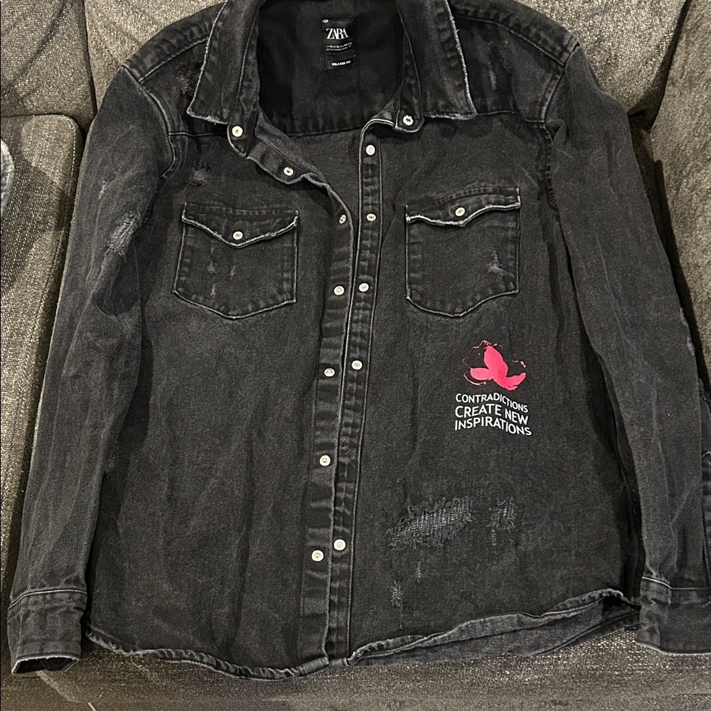 Zara Black Denim Shirt with Pink/red Accent